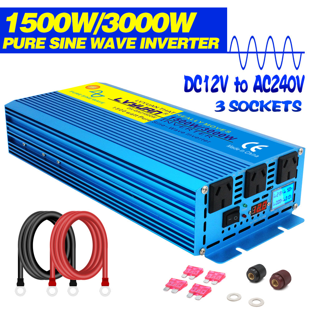 LVYUAN 1500W Pure Sine Wave Power Inverter 12V to 110V DC to AC with LED Display DC to AC Converter