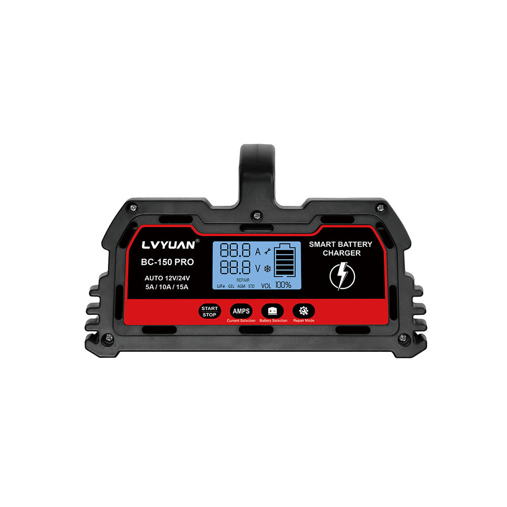 Smart Car Battery Charger with LCD Display - Compatible with Automotive, Marine, and Solar Batteries