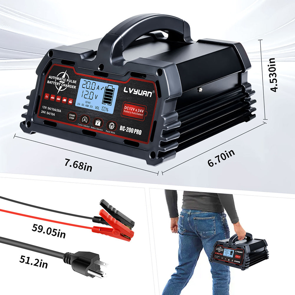 12V/24V Auto-Switching Battery Charger – 200W High Efficiency with Temperature Control & LED Indicators