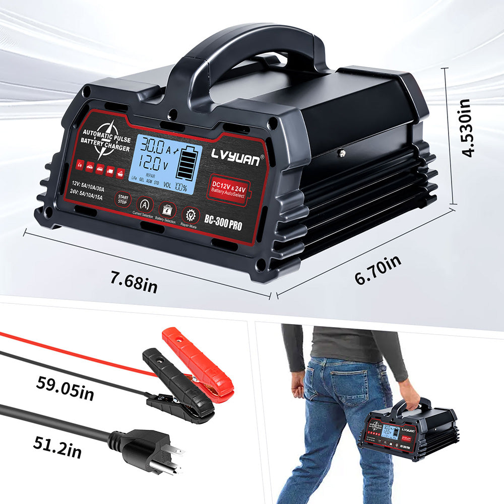 12V/24V Auto-Sensing 250W Charger – IP65 Rated for Lithium/Lead-Acid, Temperature Control & LED Alerts